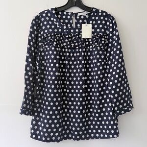 Boden 'Edith" Navy Polka Dot Blouse Silk Ruffle Popover Button back Swingy NWT